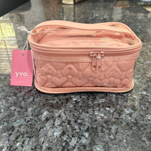 New Pink Quilted Heart Makeup Bag – Clear Top Travel Cosmetic Case - Picture 3 of 11